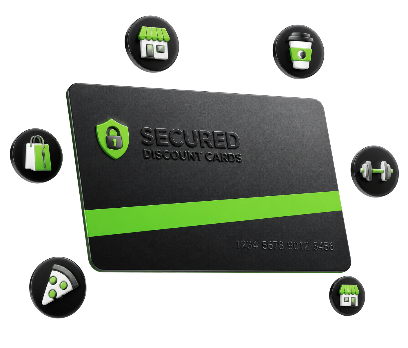 Secured Discount Card with floating merchant logos